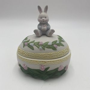 Bunny Rabbit Bisque Ceramic Egg Shape Trinket Candy Box Boy in Blue on top